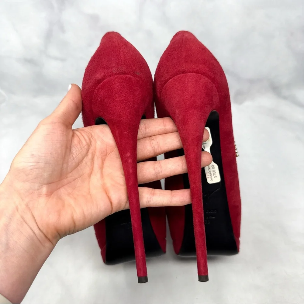 Giuseppe Zanotti Sharon Rhinestone Lightning Bolt Suede Platform Heels Red 38 - Picture 8 of 15